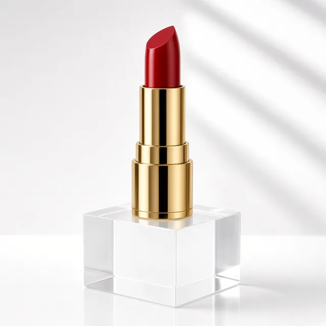 Unbranded gold lipstick on a clear acrylic block