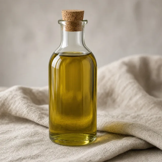 Unbranded glass olive oil bottle with a cork on linen