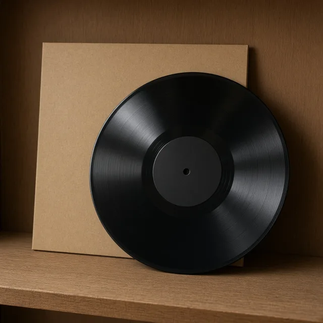 Unbranded black vinyl record leaning on a plain sleeve