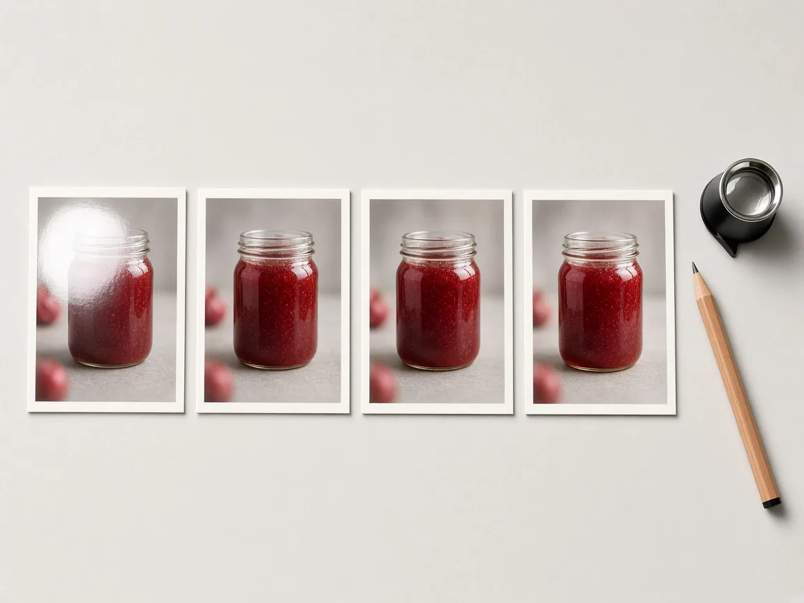 Four prints of the same glass jar, the first with glare, beside a loupe