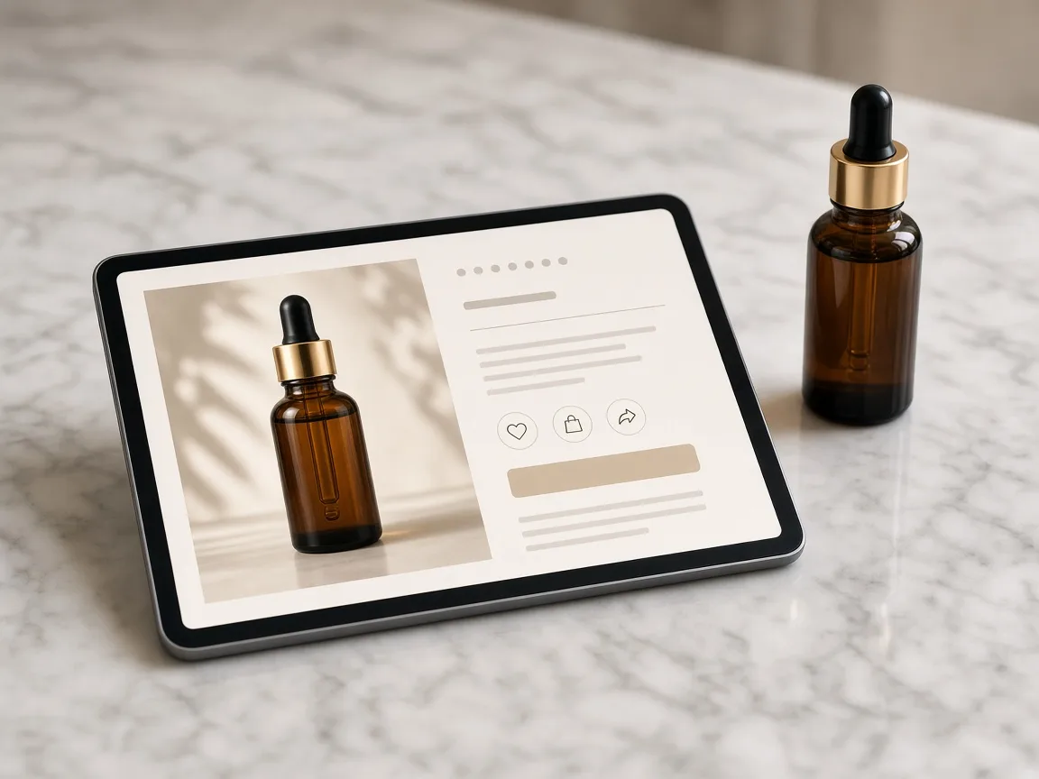 Tablet showing a product page with a clean serum bottle photo next to the bottle