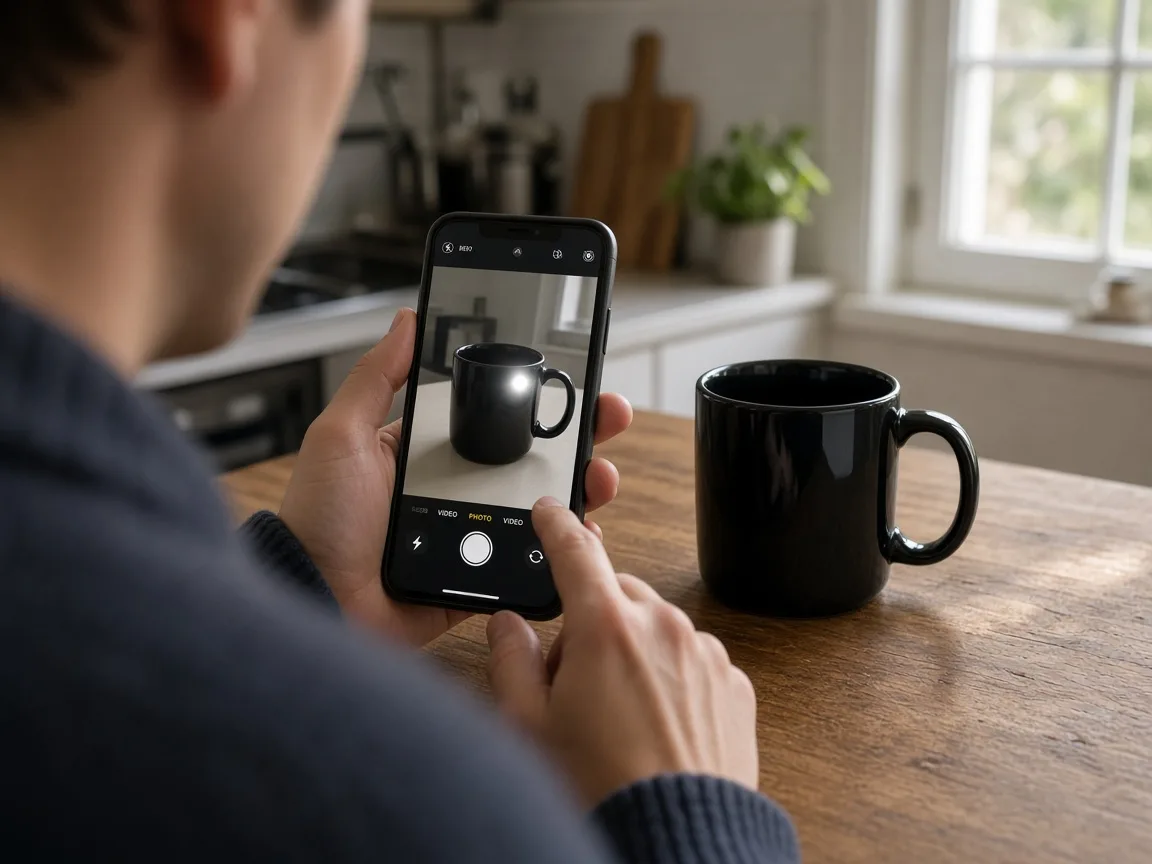 Seller photographing a glossy black mug with a phone, glare spot visible on screen
