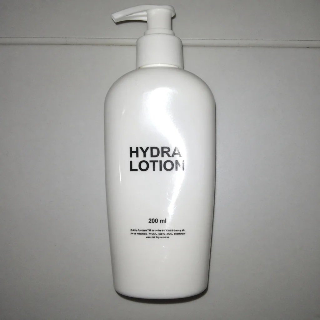 Flash glare across a glossy white lotion bottle