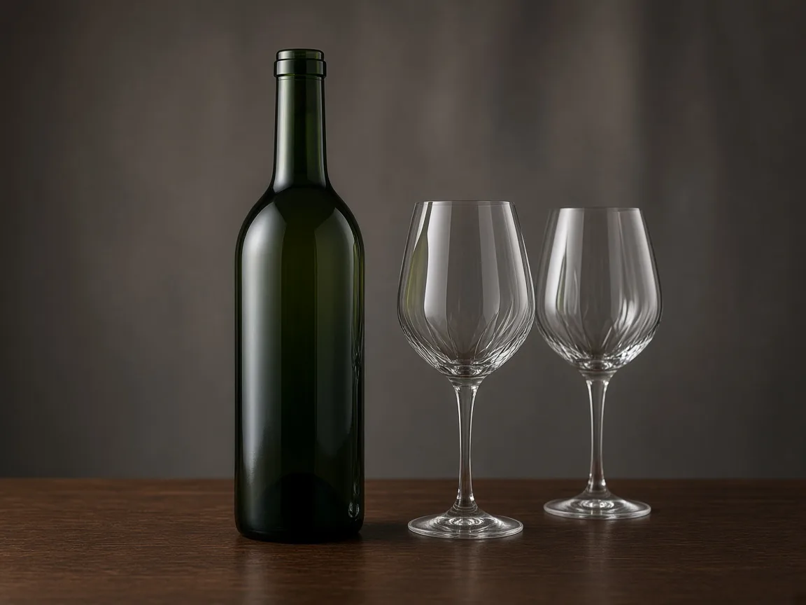 Unbranded green glass wine bottle and two crystal glasses on walnut