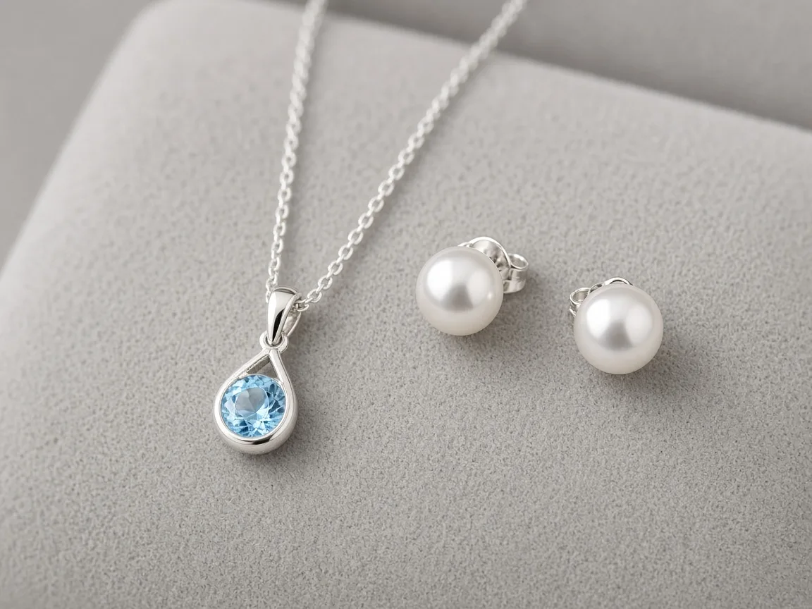Unbranded silver topaz pendant and pearl studs on a suede pad