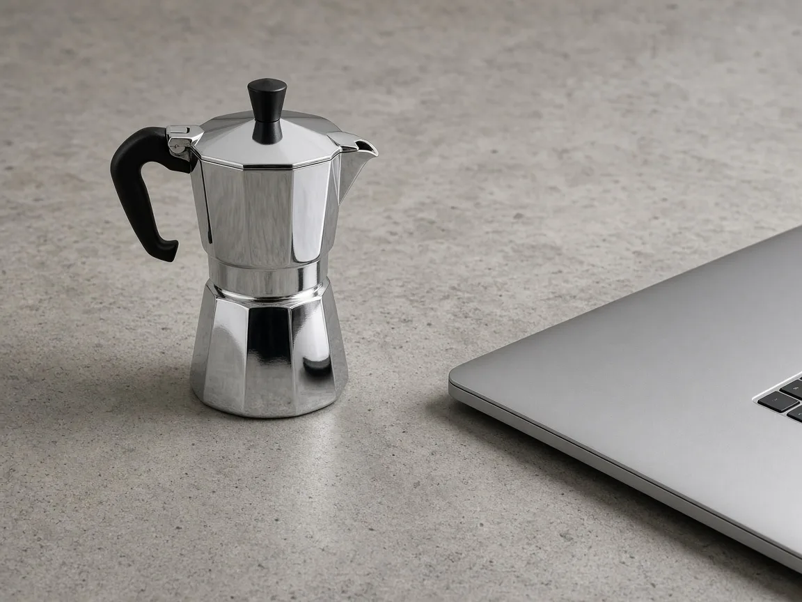 Unbranded chrome moka pot beside a brushed aluminum laptop