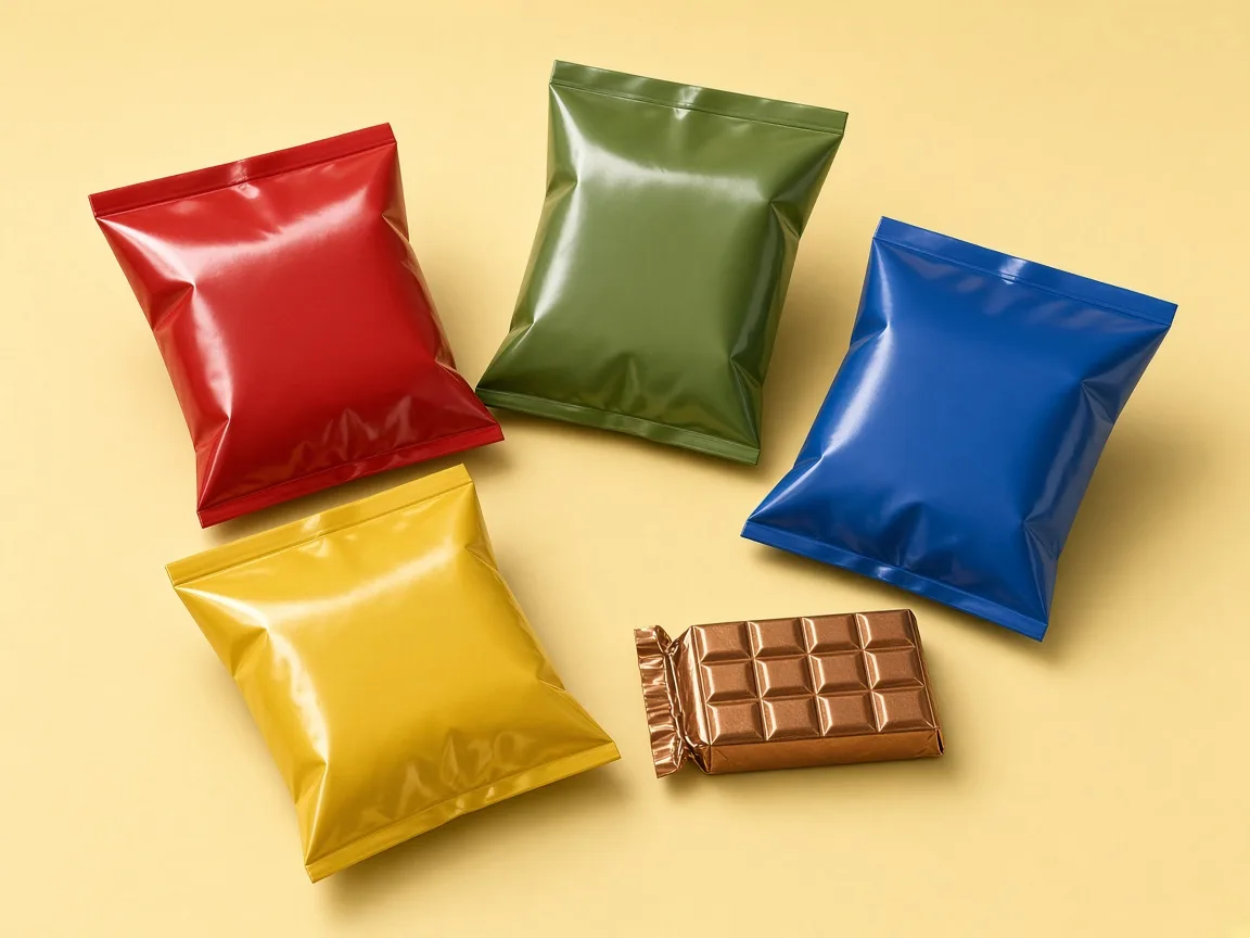 Unbranded glossy snack pouches and a foil-wrapped chocolate bar