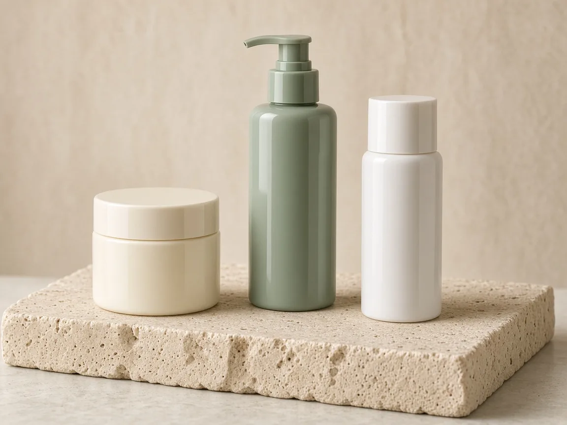 Unbranded glossy skincare bottles and a jar on a travertine slab