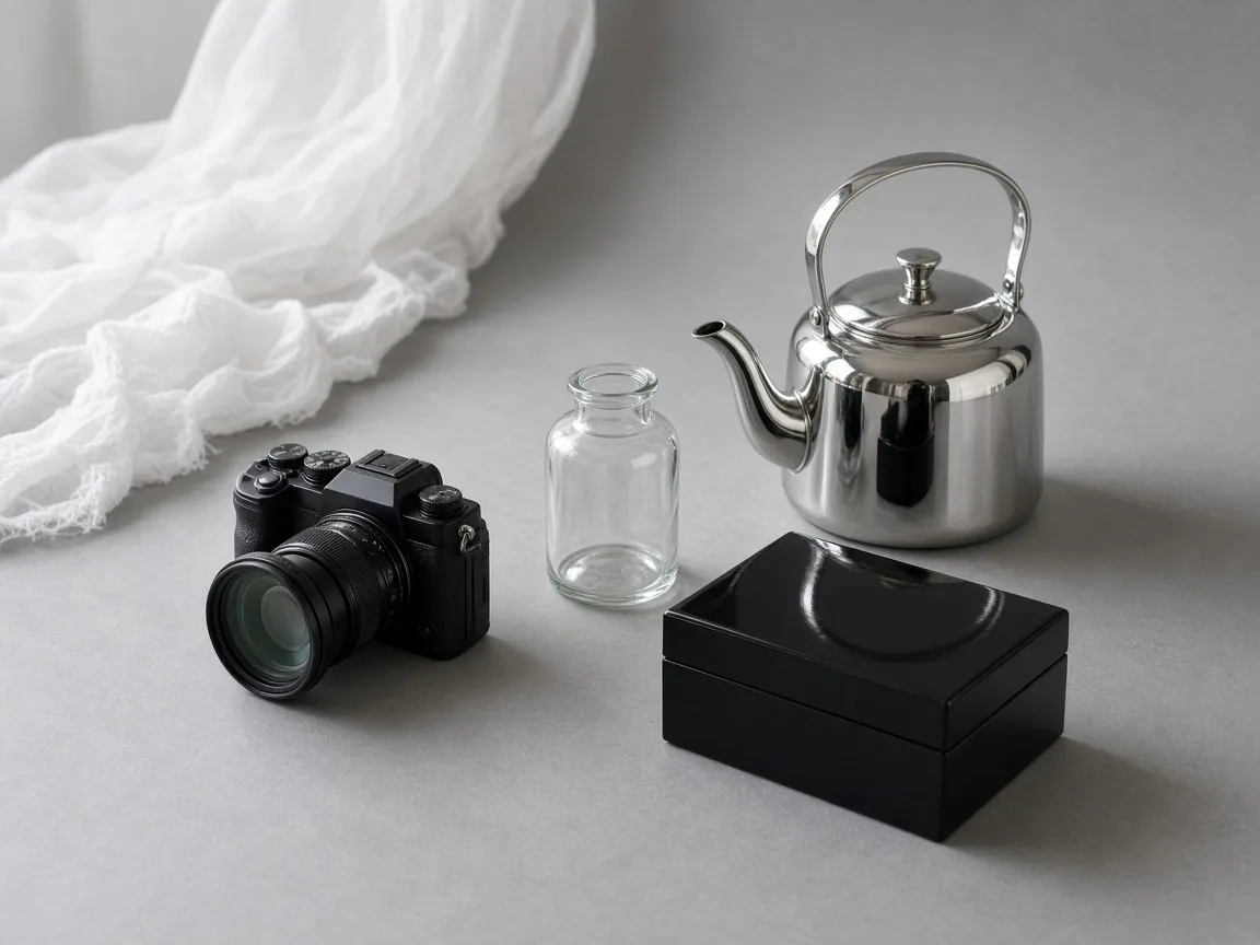 Camera with a polarizing filter, a diffusion scrim and glossy products on a grey sweep