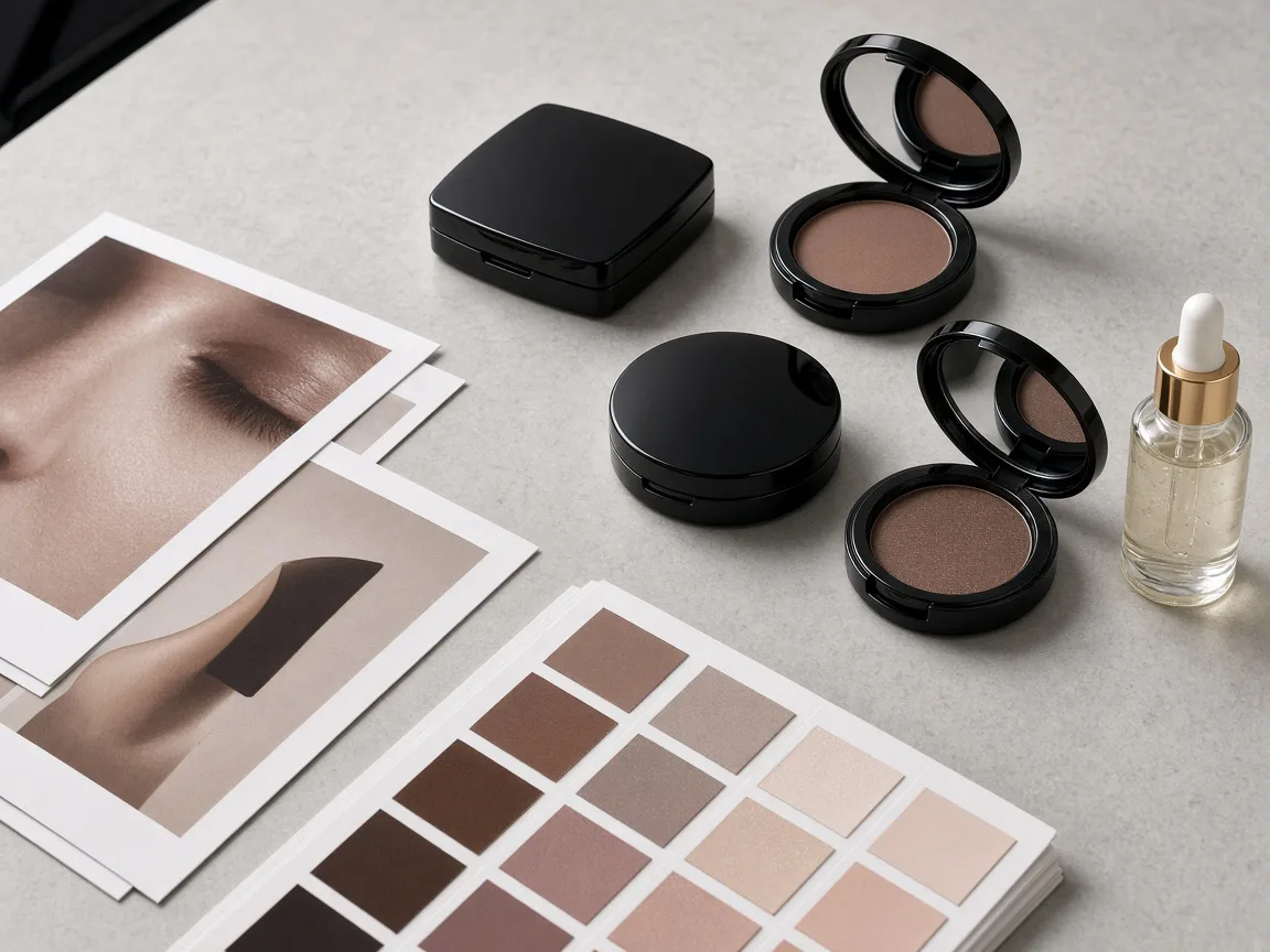 Glossy cosmetic compacts and a serum bottle beside photo proofs