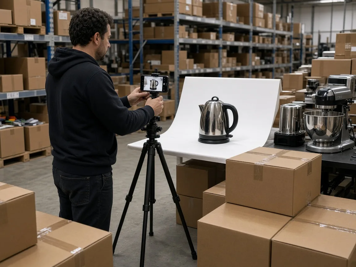 Seller photographing a chrome kettle in a warehouse