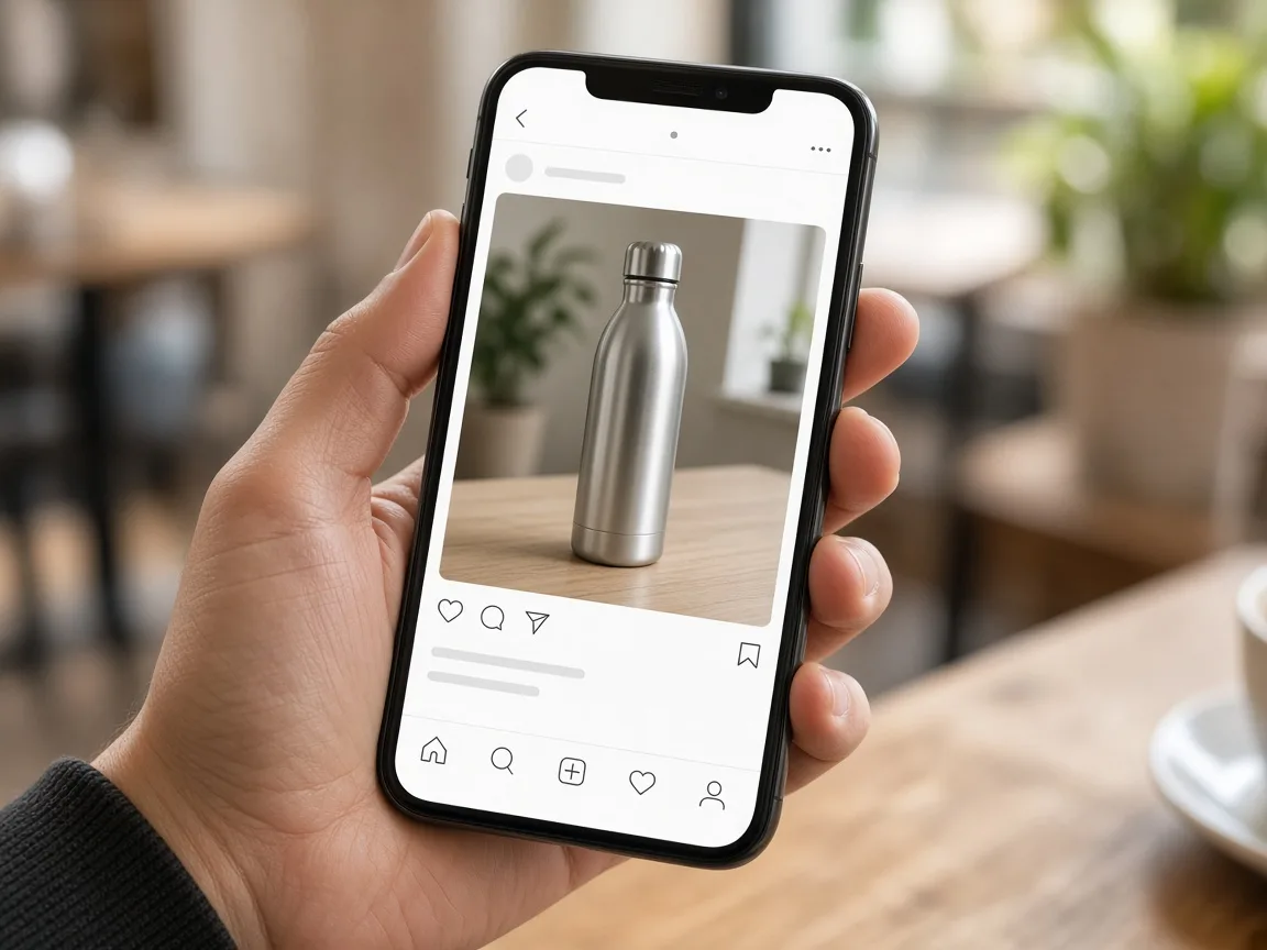 Hand holding a phone showing a clean photo of a steel bottle