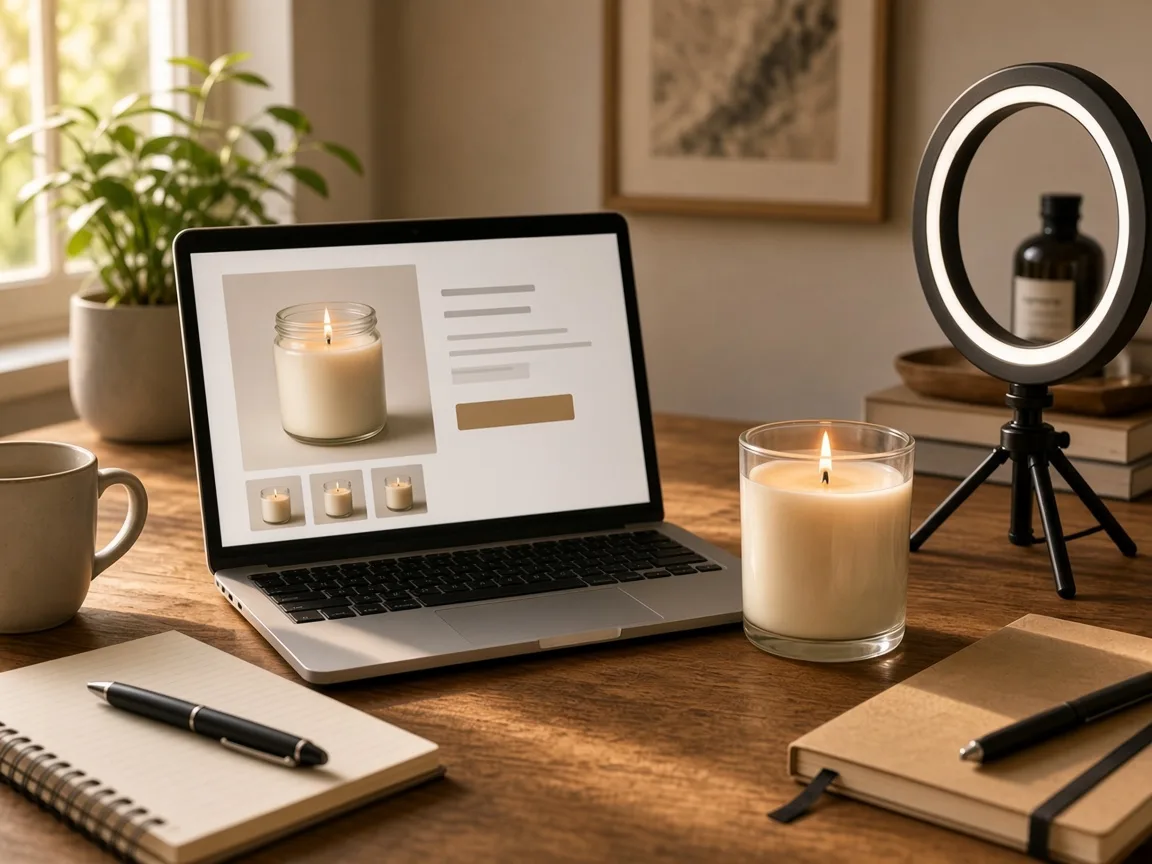 Shop owner desk with a laptop showing a candle product page