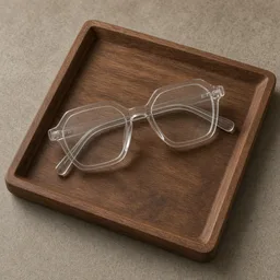 Unbranded clear acetate glasses on a wooden tray