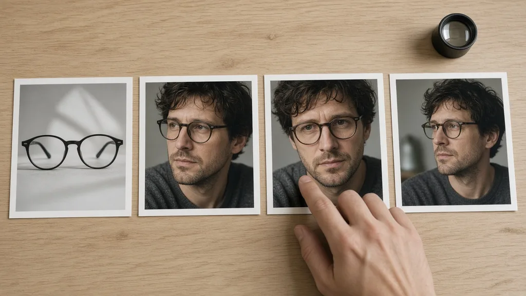 Prints of a glasses packshot and three on-face versions laid side by side for checking