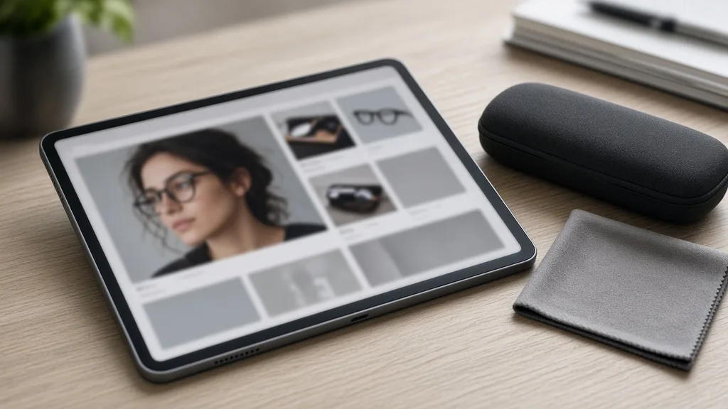 Tablet showing an eyewear product page with the on-face image next to a glasses case