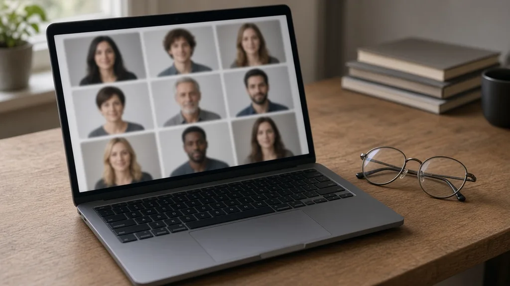 Laptop showing a grid of nine preset model faces next to a pair of glasses