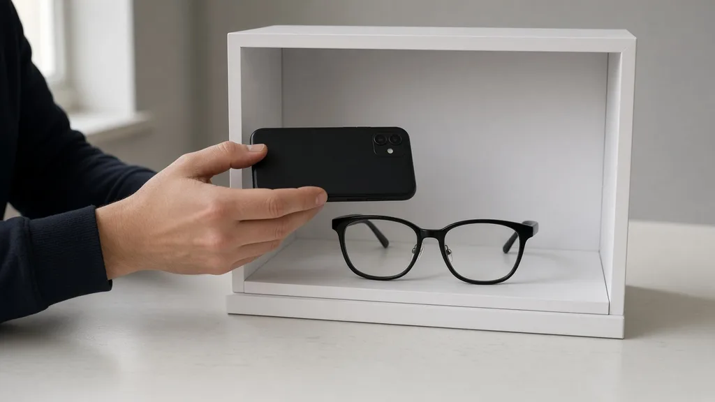 Photographing a pair of black glasses front-on in a small light box