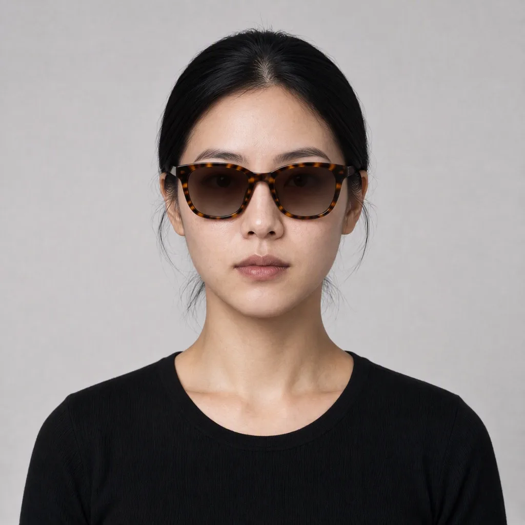 Front-facing model wearing the same tortoiseshell sunglasses