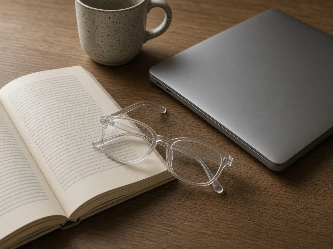 Unbranded clear reading glasses resting on an open book beside a laptop
