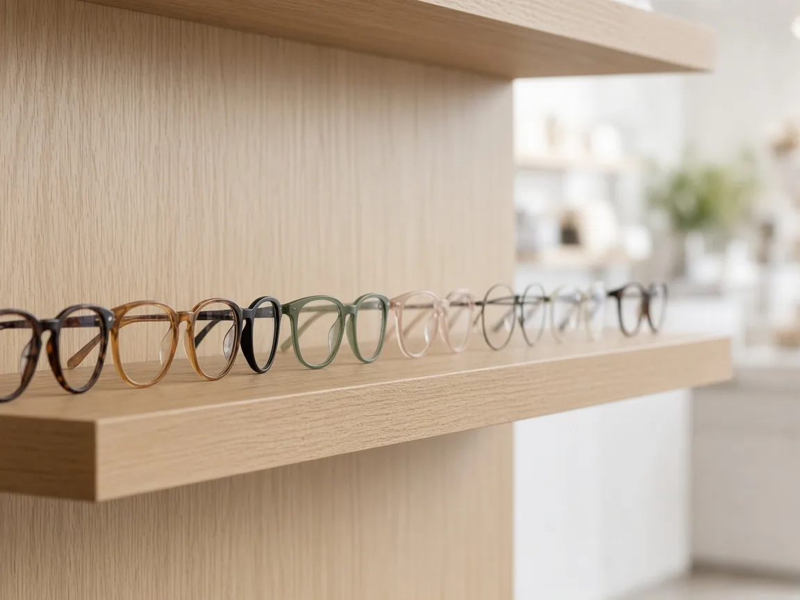 Row of unbranded eyeglasses on a wooden shelf in a bright shop