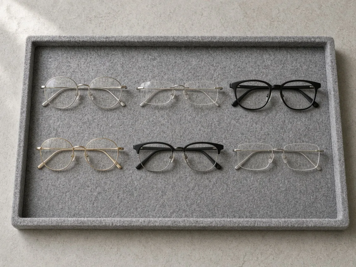 Unbranded optical frames arranged on an optician style display tray