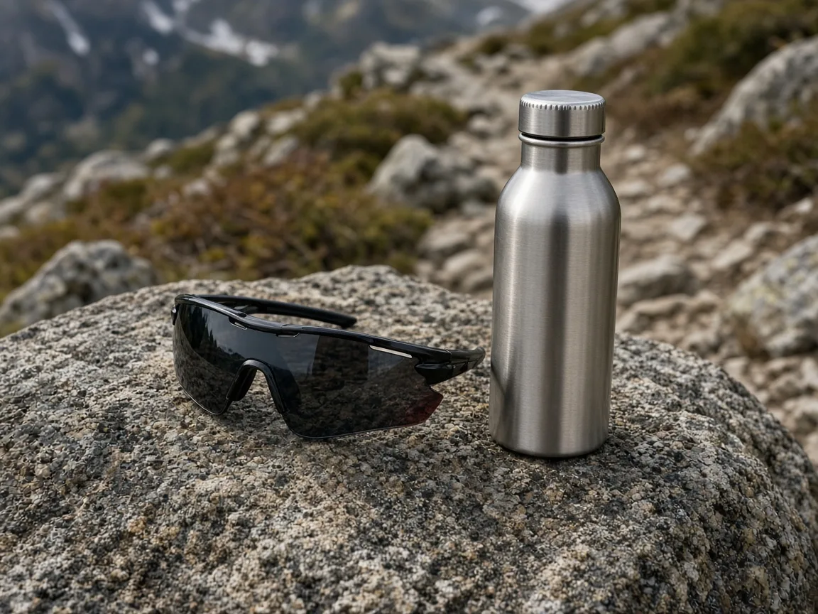Unbranded wraparound sports sunglasses on a rock next to a water bottle