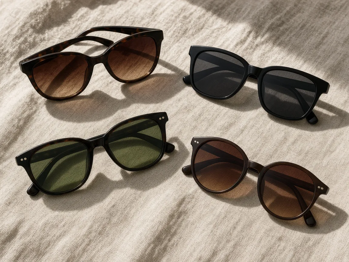 Several pairs of unbranded sunglasses with tinted lenses laid on a linen cloth in sunlight