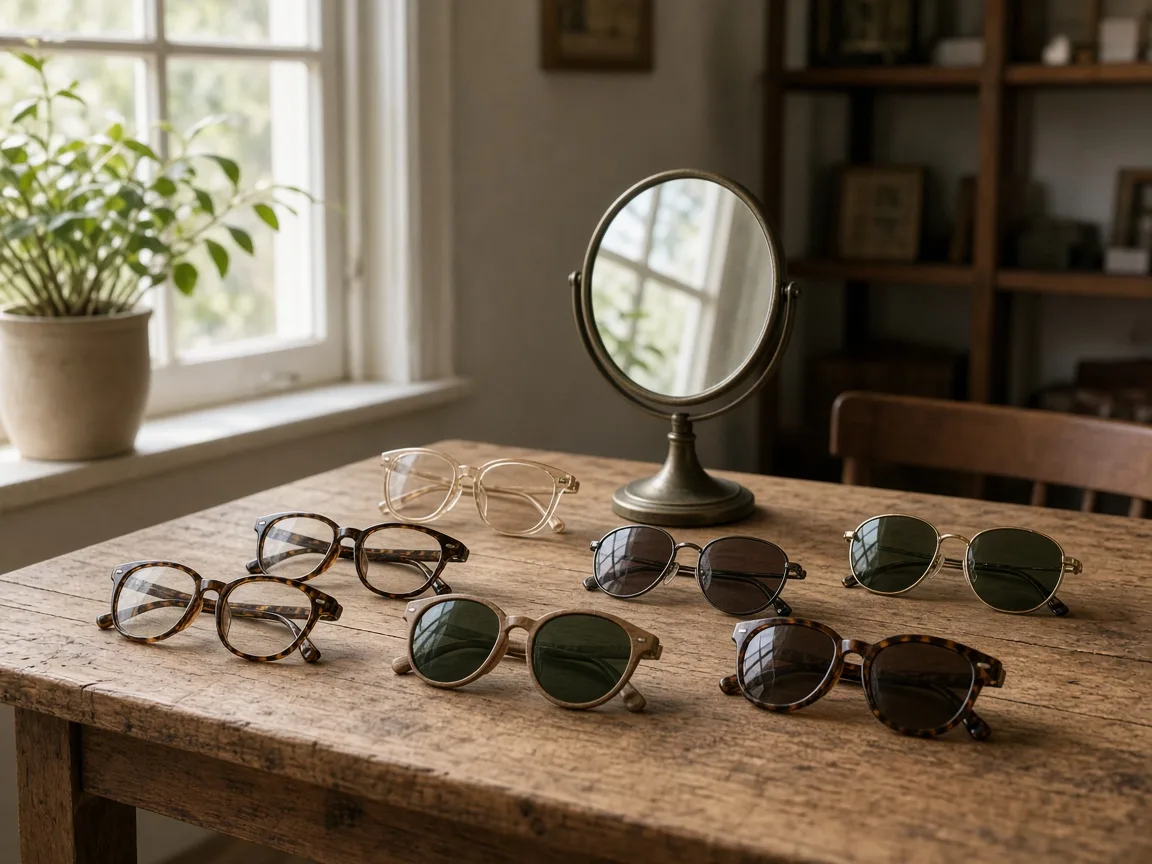 Wooden eyewear display table with several unbranded frames and a small mirror