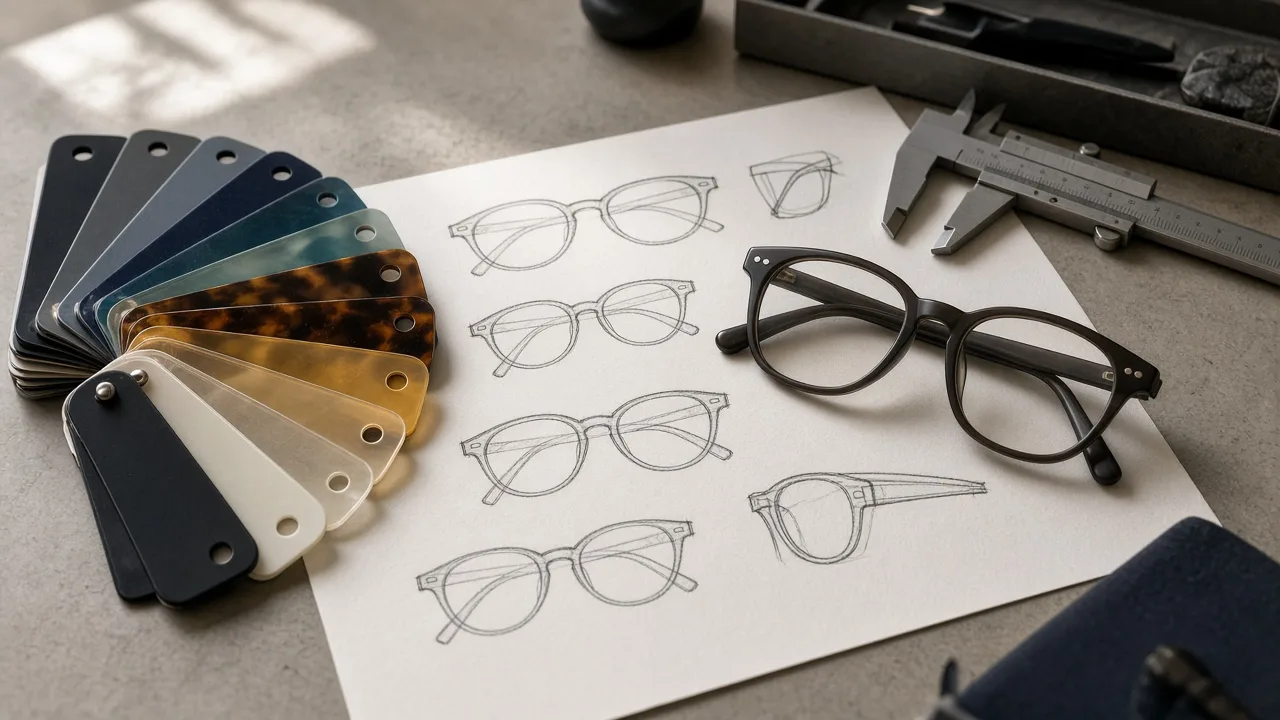 Designer desk with frame sketches, acetate samples and a pair of prototype glasses