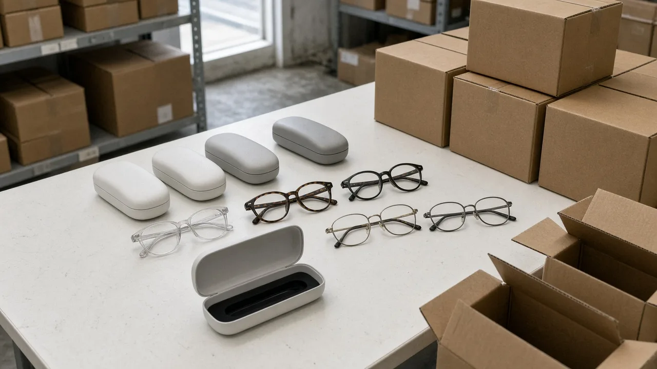 Unbranded glasses cases and frames lined up on a white packing table