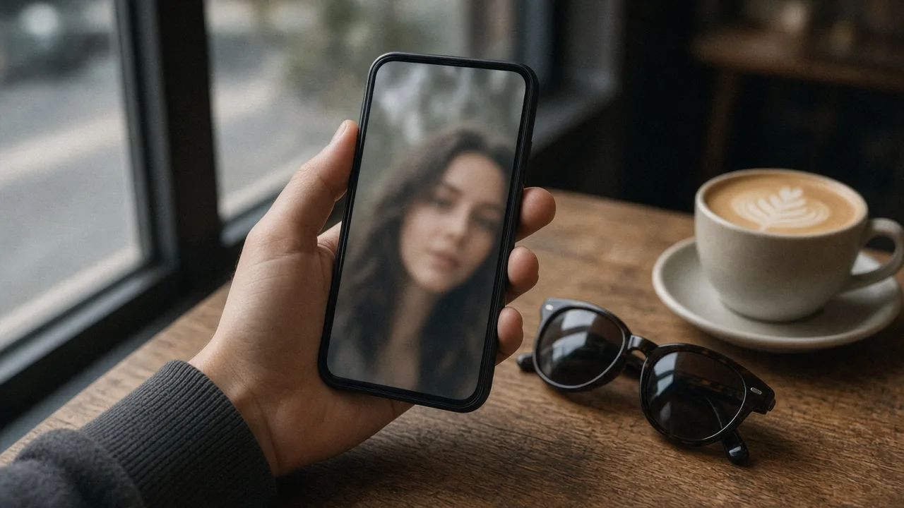 Hand holding a phone showing a portrait, with sunglasses on a cafe table