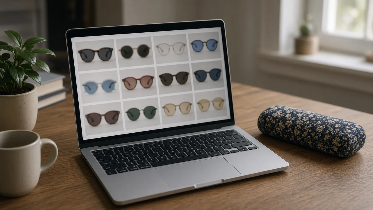 Laptop on a desk showing a grid of eyewear photos with a glasses case beside it