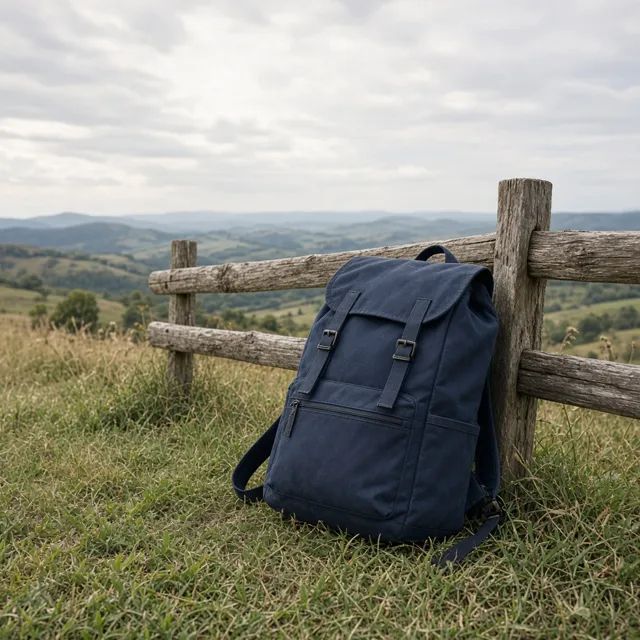 Unbranded navy canvas backpack by a wooden fence on a hill