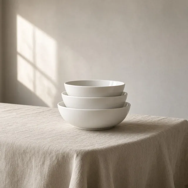 Three unbranded stacked white porcelain bowls on linen