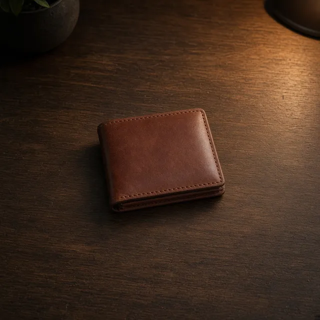 Unbranded brown leather wallet on a dark walnut desk
