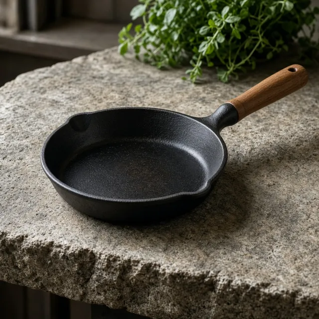 Unbranded cast-iron skillet with a wooden handle on stone