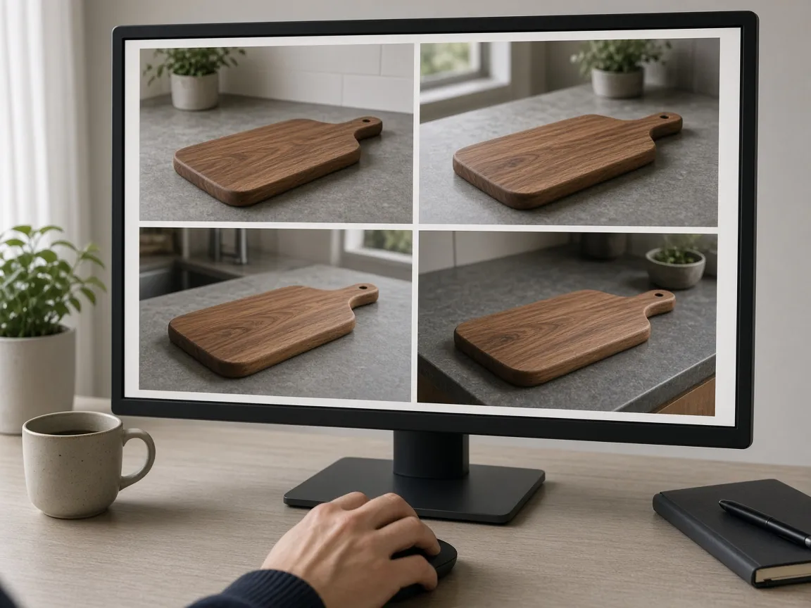 Monitor showing four extended versions of the same walnut cutting board photo