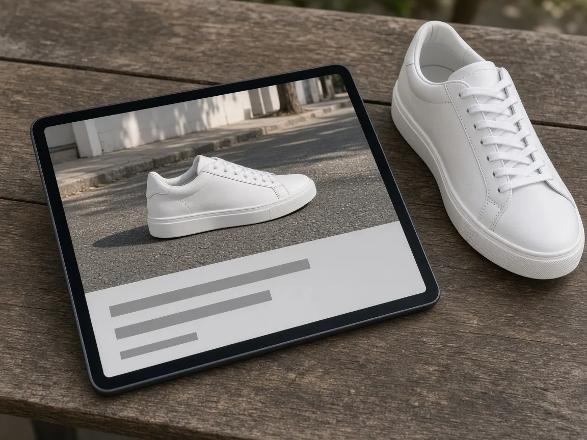 Tablet showing a wide banner of a white sneaker next to the real sneaker