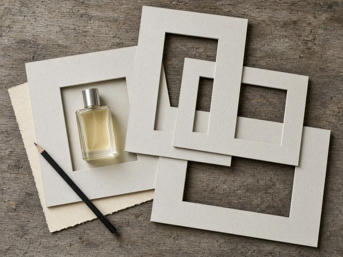 Cardboard picture mats of different proportions with a small perfume bottle in the square one