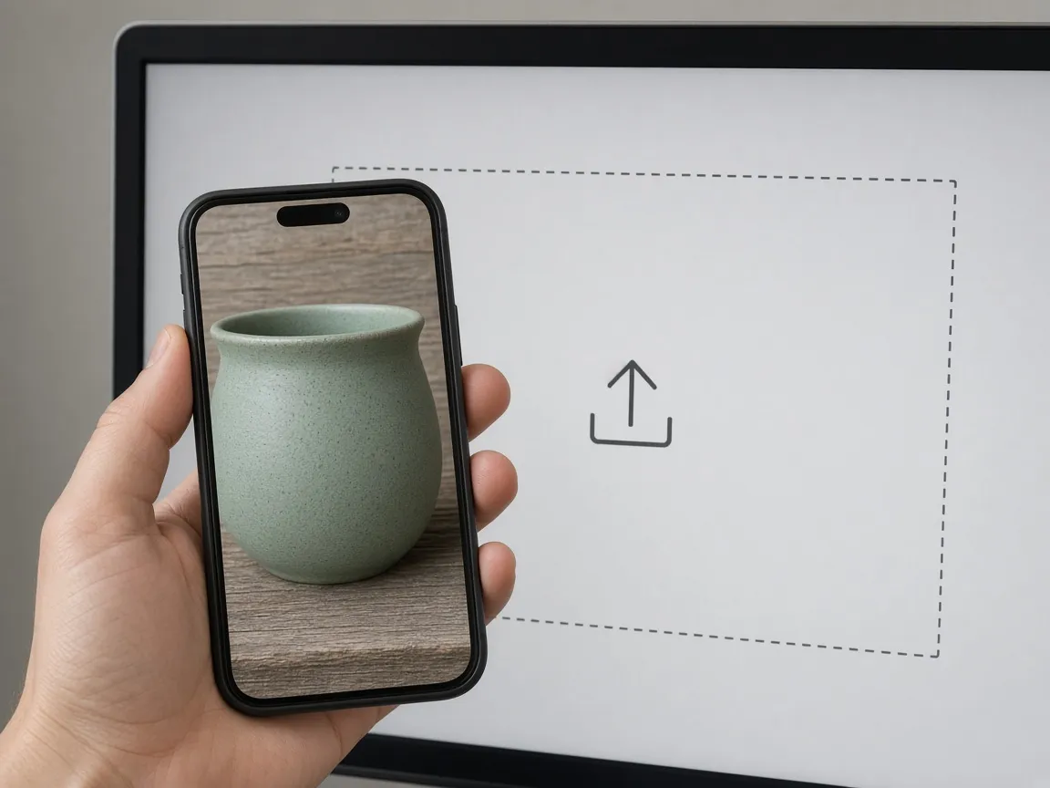 Hand holding a phone with a tight photo of a green planter in front of an empty upload area