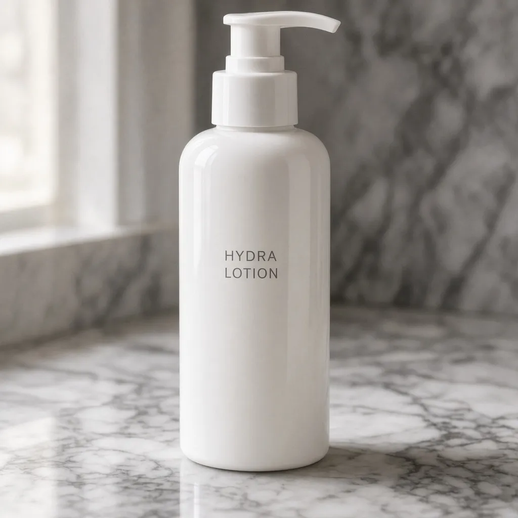 Tight square photo of a white lotion bottle on marble