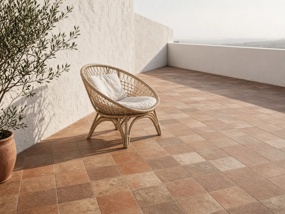 Unbranded rattan lounge chair on a wide terracotta terrace