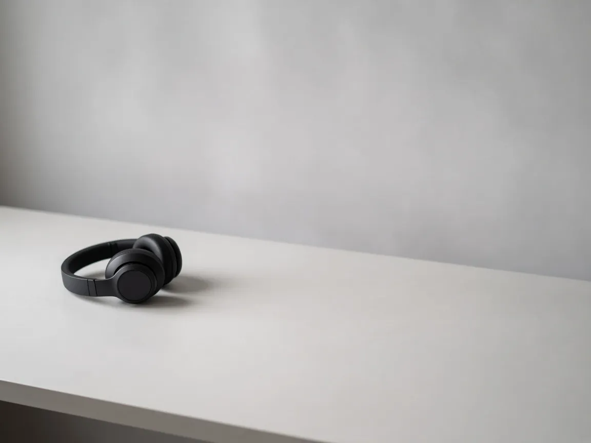 Unbranded black headphones on the left of a long empty grey desk