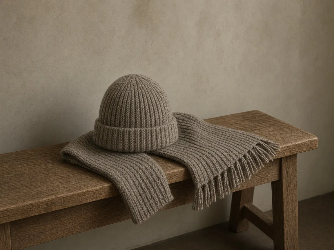 Unbranded knit beanie and scarf on an oak bench