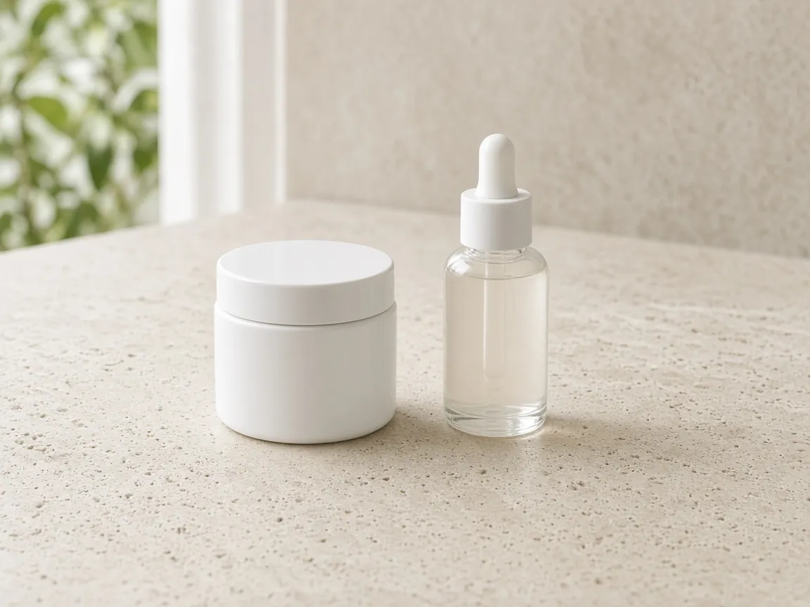 Unbranded white skincare jar and dropper bottle on a travertine counter