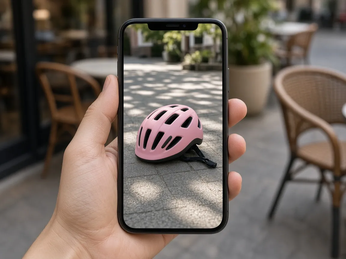Hand holding a phone showing a vertical photo of a pink bike helmet