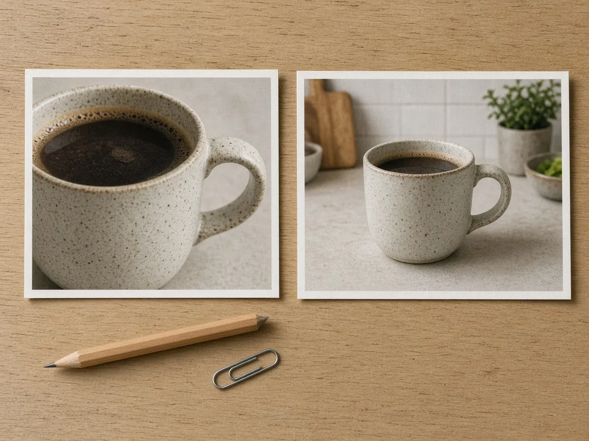 Two prints of the same ceramic mug side by side, one tightly cropped and one extended to a wide frame