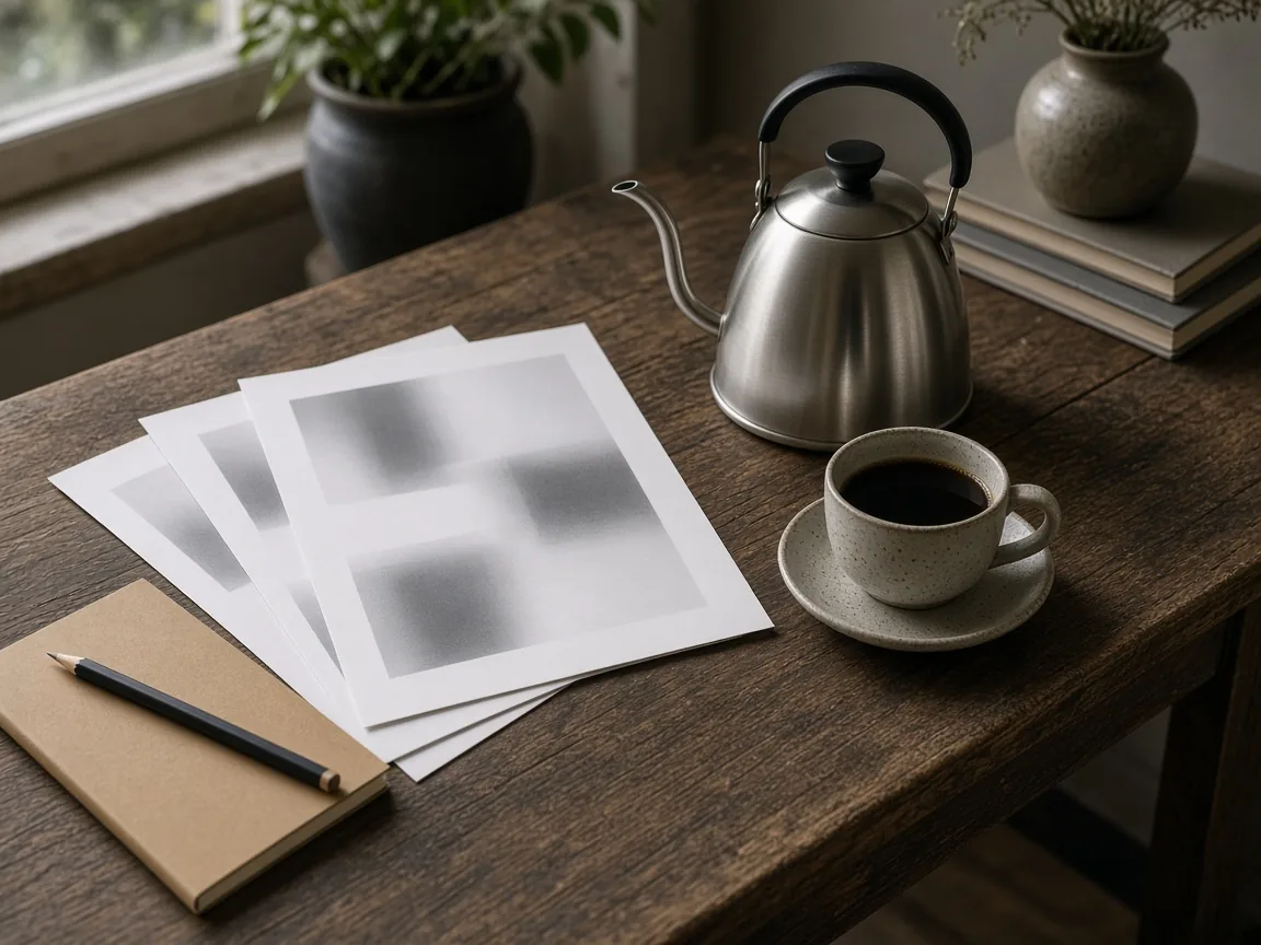 Printed proofs of a steel kettle in several sizes beside the real kettle