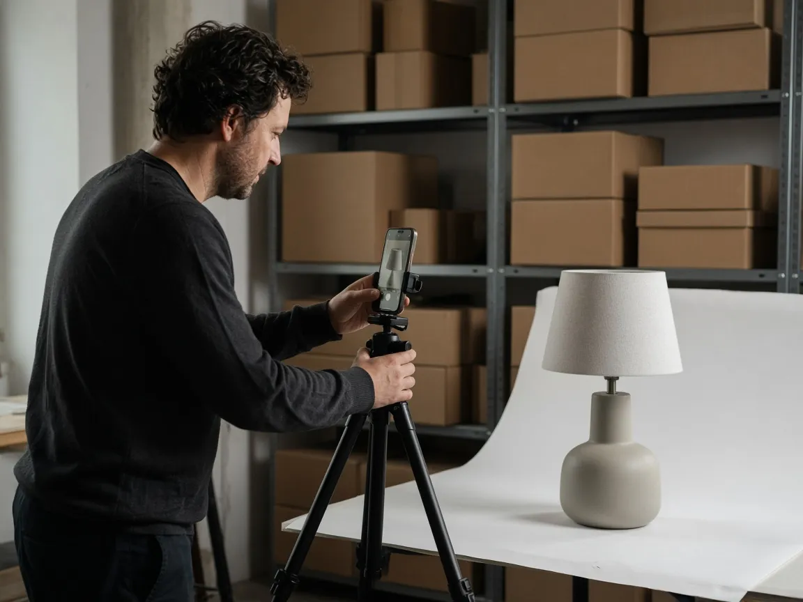 Seller photographing a ceramic table lamp on a white sweep in a stockroom